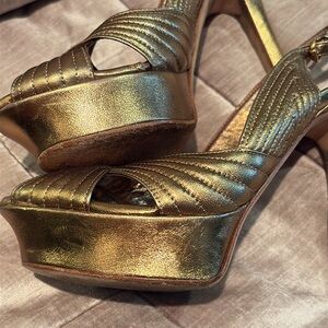 Gucci Gold Quilted Slingback Heels 37 1/2 Couture Italian